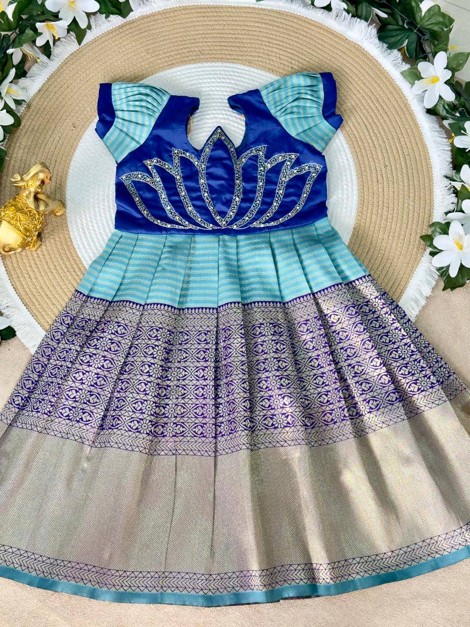 Lotus Frock Jaquard Silk Dark Blue Affordable kids clothing wholesale